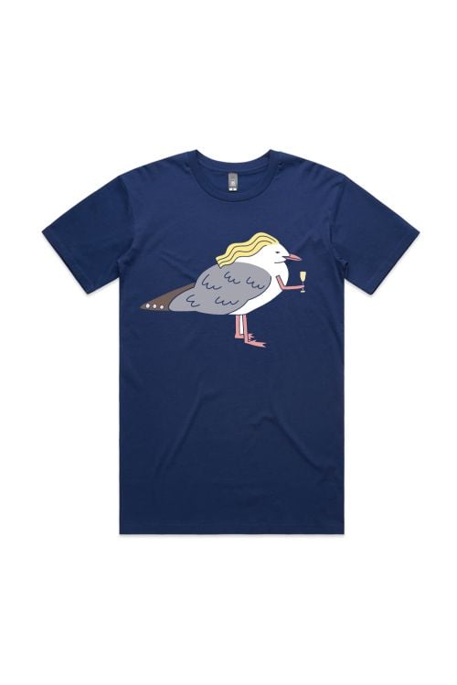 Champagne Seagull Navy Tshirt (Front Print) by Sam Cotton