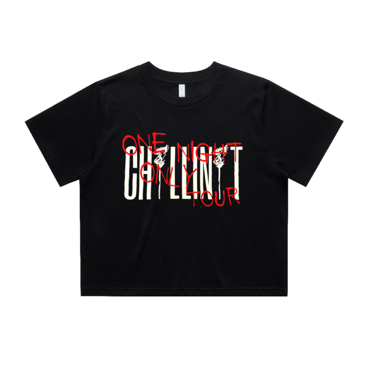 ONE NIGHT ONLY  CROP LADIES BLACK TSHIRT