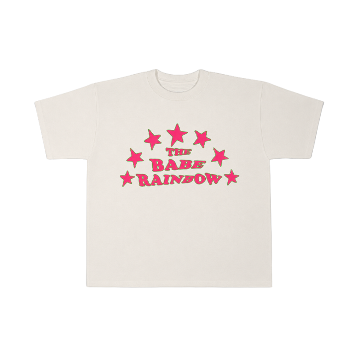 Pink/Green Text Stars Logo White Tshirt