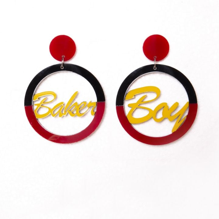 Earrings - Black And Red Hoop with Yellow Writing