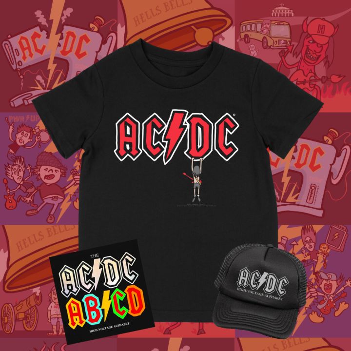 AC/DC Kids Alphabet Book + Hangin’ Out Logo Black Tshirt + Cap