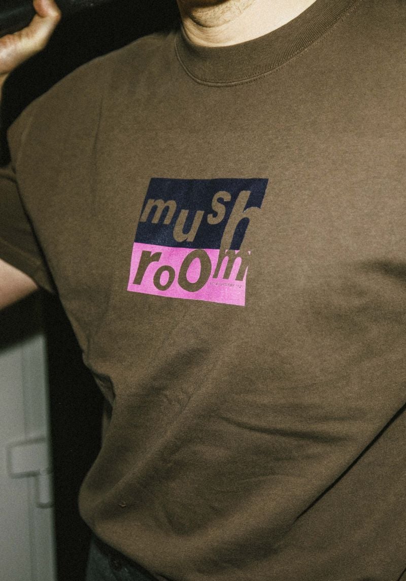 Mushroom Stacked Logo Dark Chocolate Tshirt