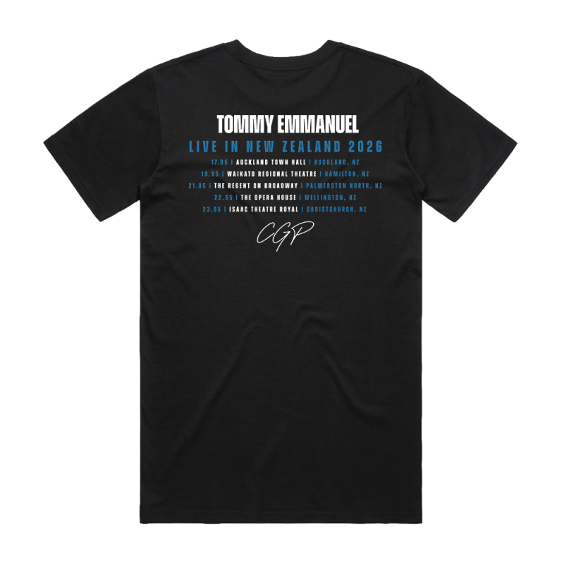 NZ Tour 2026 Black Tshirt by Tommy Emmanuel