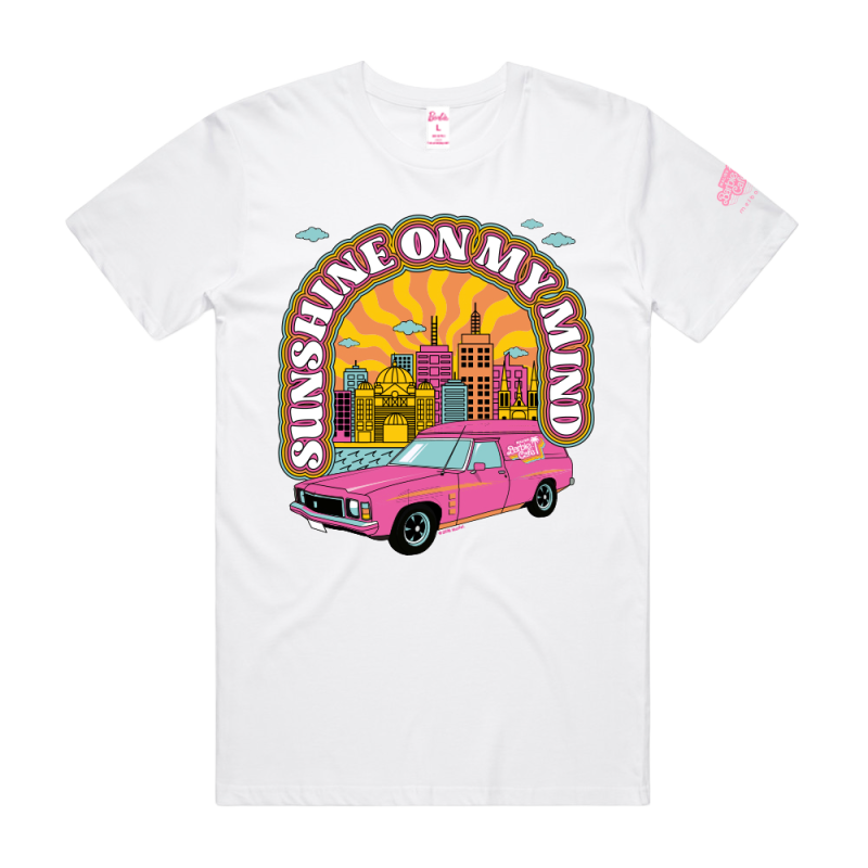 Adults sunshine on mind white T shirt by Melbourne Malibu Barbie Cafe