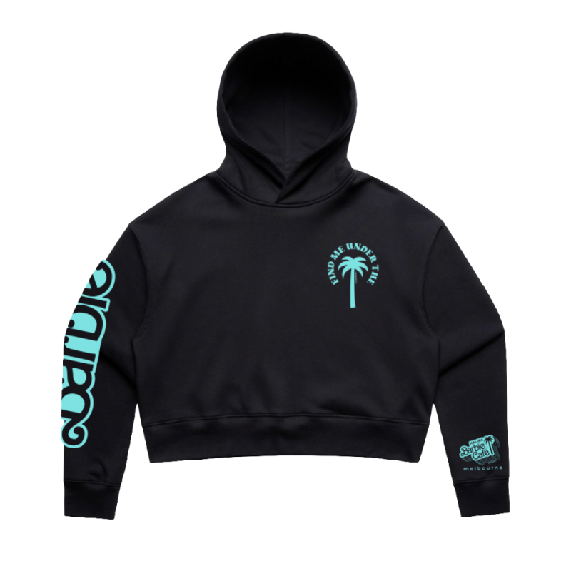 Women's black crop hood Palm Trees by Melbourne Malibu Barbie Cafe