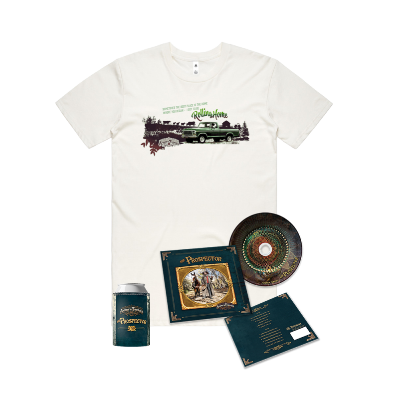 The Prospector CD + Rolling Home Tshirt + Prospector Stubby by Andrew Farriss