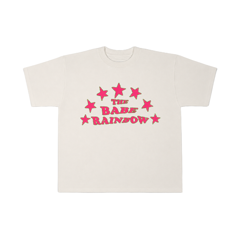 Pink/Green Text Stars Logo White Tshirt by Babe Rainbow