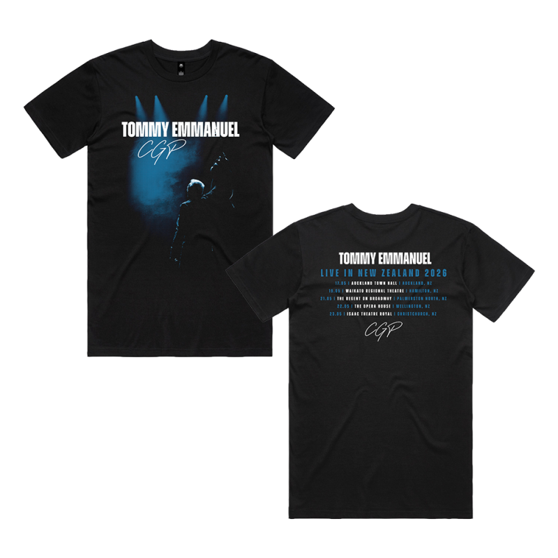 NZ Tour 2026 Black Tshirt by Tommy Emmanuel