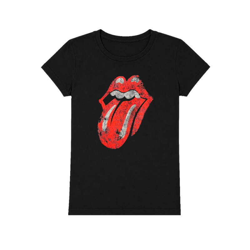 Classic Tongue Logo Womens Distressed Black Tshirt by The Rolling Stones