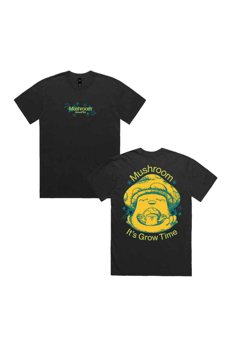 It's Grow Time Black Unisex Tshirt by Mushroom