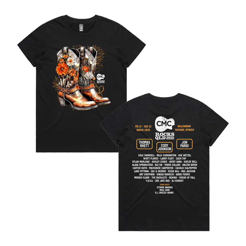 Boots n Flower Ladies Black Tshirt by CMC ROCKS QLD 2025