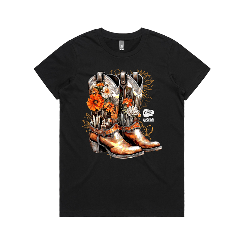 Boots n Flower Ladies Black Tshirt by CMC ROCKS QLD 2025