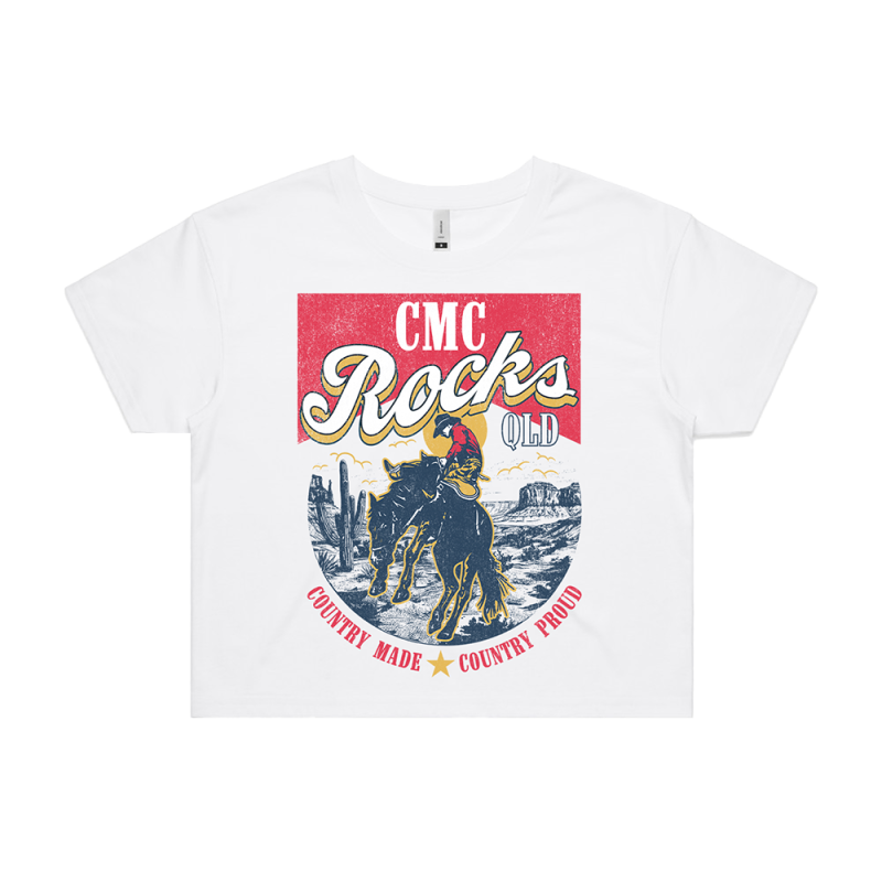 CMCP Cowboy Ladies White Crop Tshirt by CMC ROCKS QLD 2025