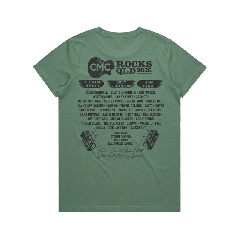 Kelpie Badge Ladies Sage Tshirt by CMC ROCKS QLD 2025