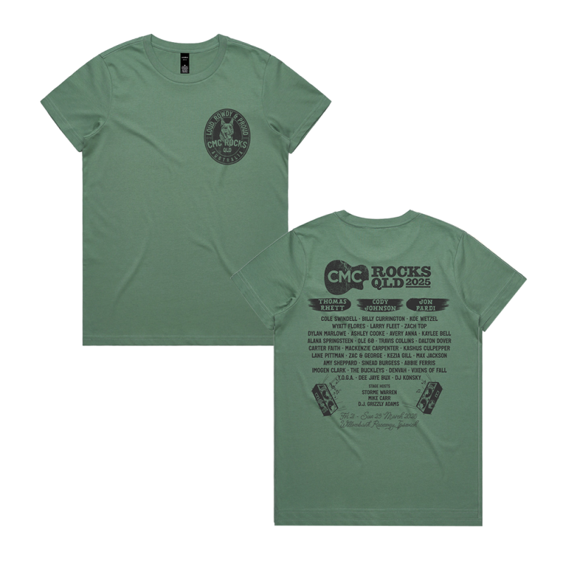 Kelpie Badge Ladies Sage Tshirt by CMC ROCKS QLD 2025