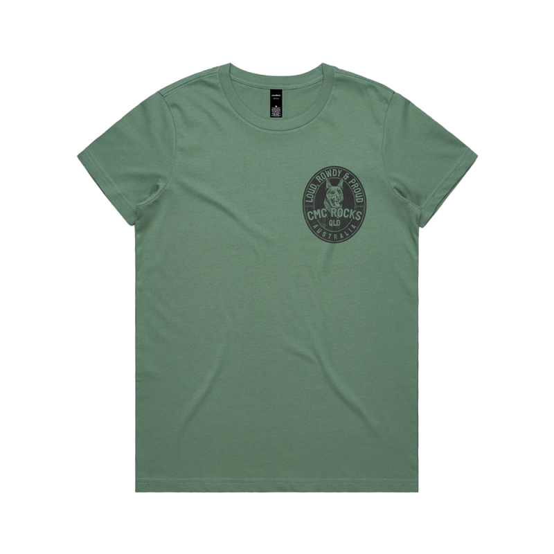 Kelpie Badge Ladies Sage Tshirt by CMC ROCKS QLD 2025