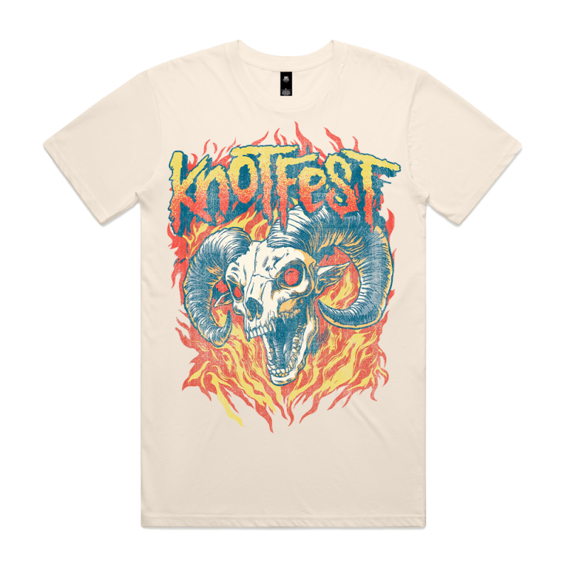 Fiery Goat Skull Vintage White Tshirt by Knotfest