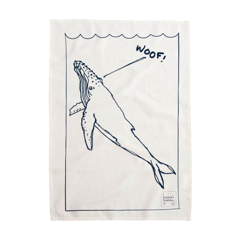 WOOF! Whale Tea Towel by Hannah Gadsby