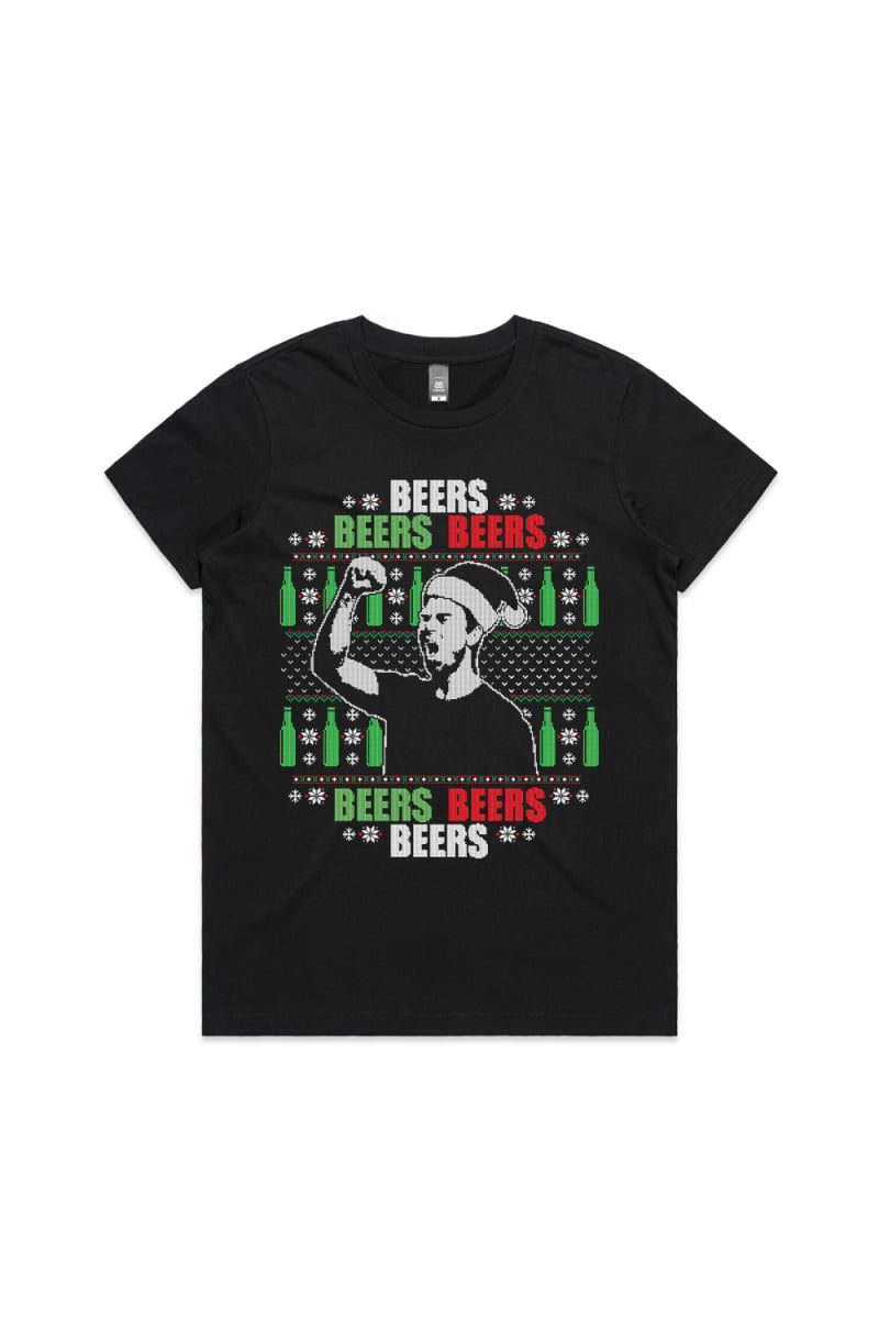 BEERS XMAS WOMENS BLACK TSHIRT by Jimmy Rees