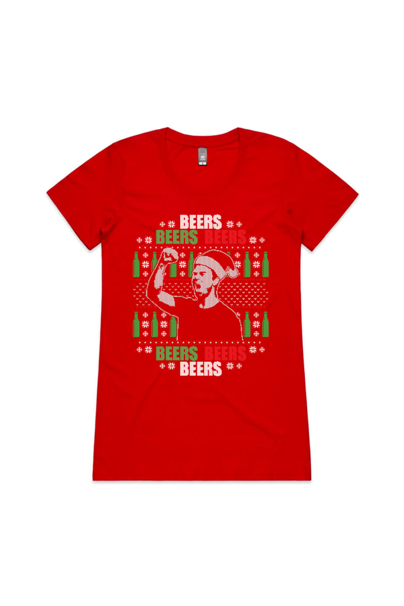 BEERS XMAS WOMENS RED TSHIRT by Jimmy Rees