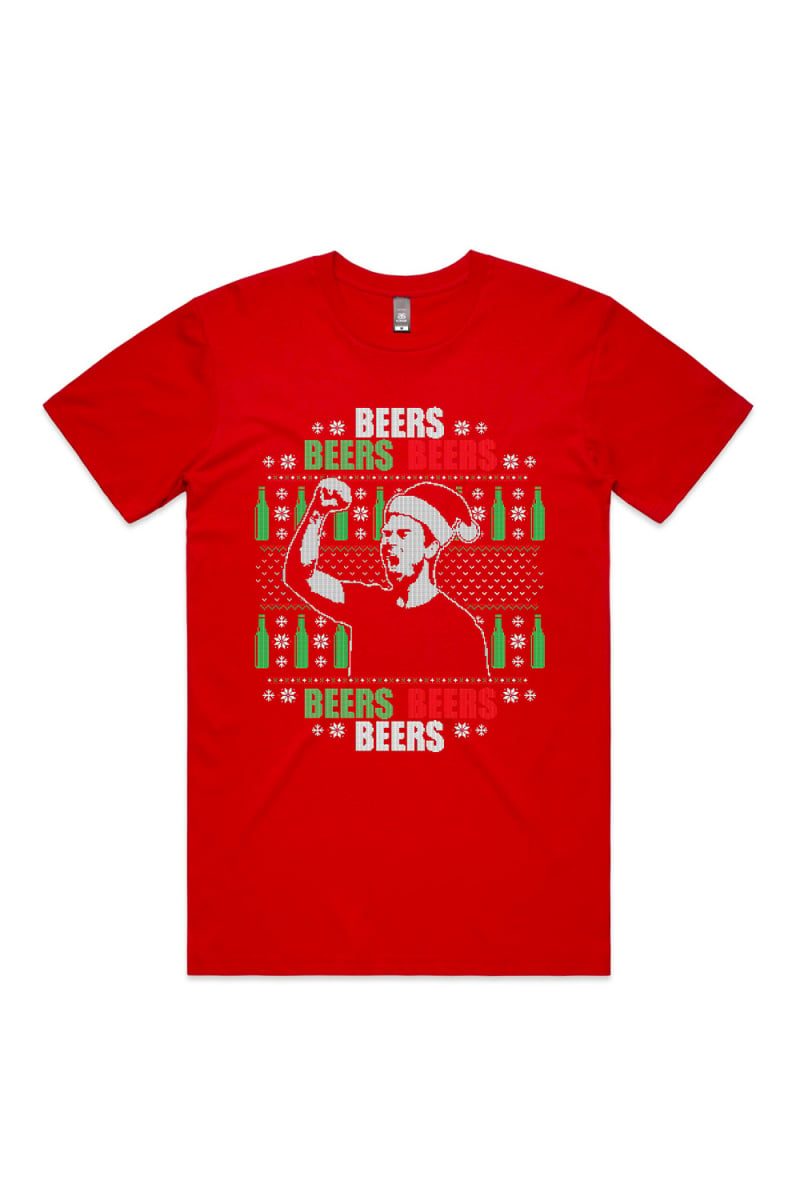 BEERS XMAS MENS RED TSHIRT by Jimmy Rees