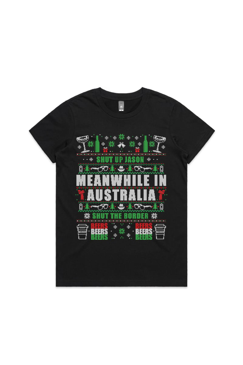 MEANWHILE XMAS WOMENS BLACK TSHIRT by Jimmy Rees