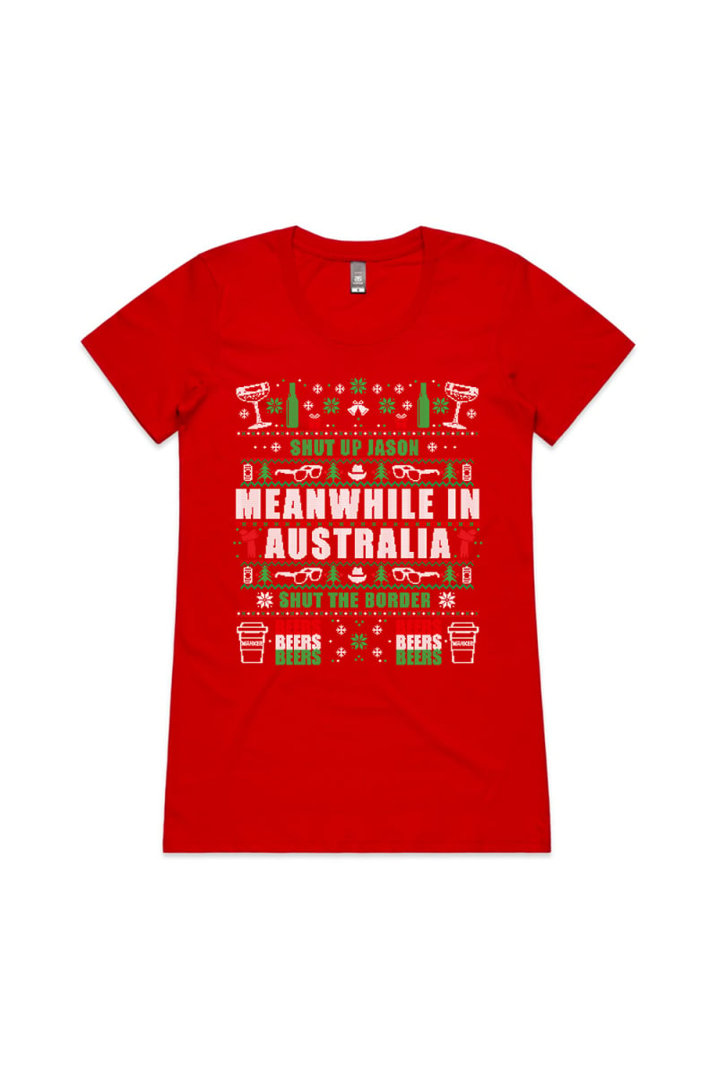 MEANWHILE XMAS WOMENS RED TSHIRT by Jimmy Rees