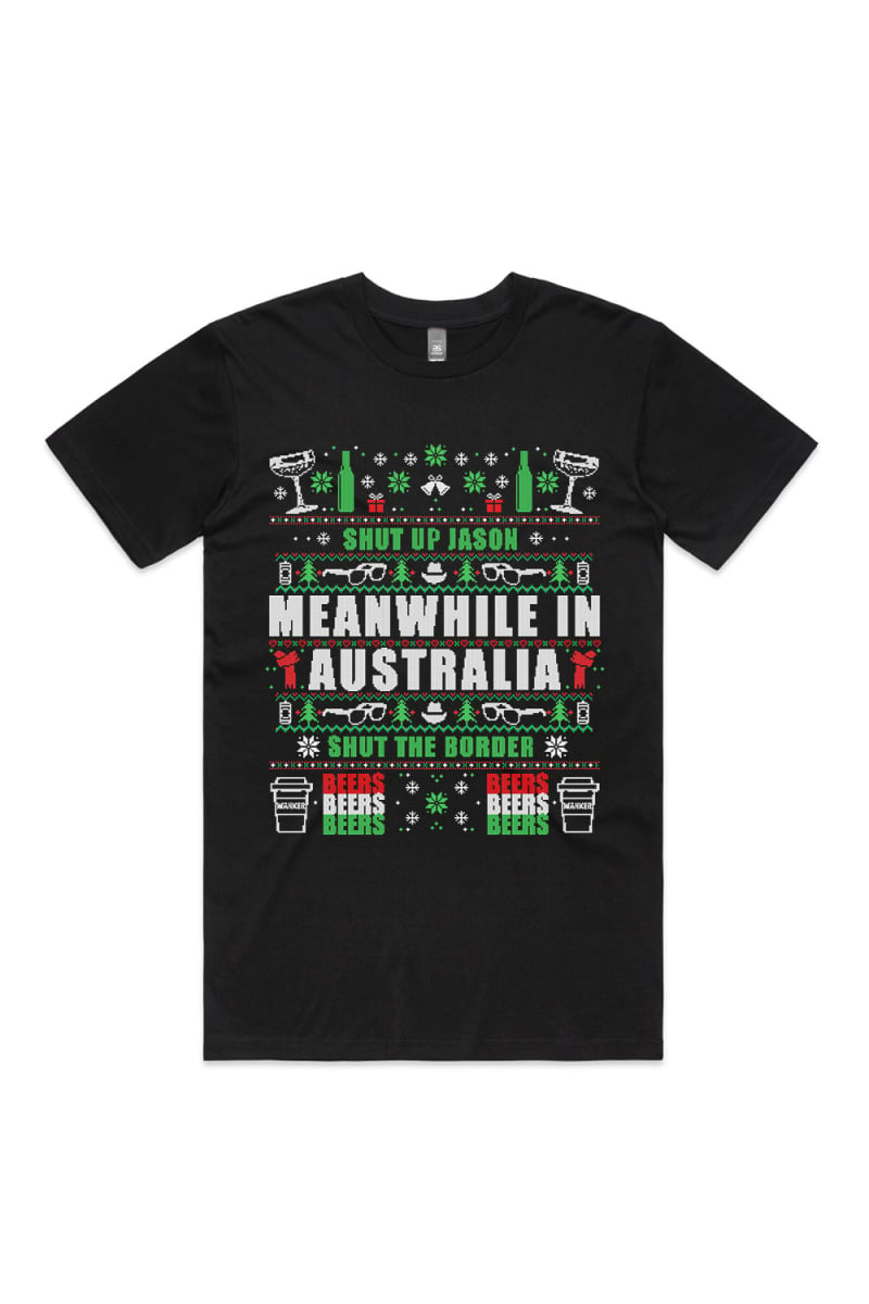 MEANWHILE XMAS MENS BLACK TSHIRT by Jimmy Rees