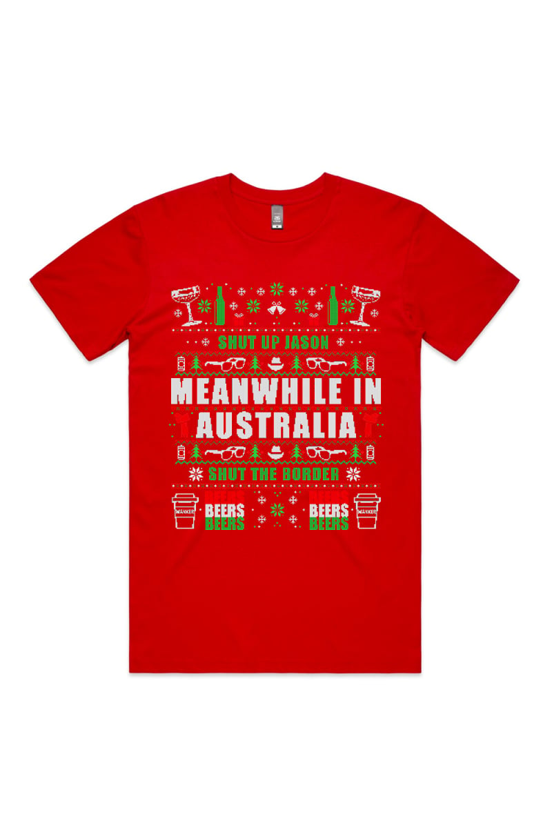 MEANWHILE XMAS MENS RED TSHIRT by Jimmy Rees