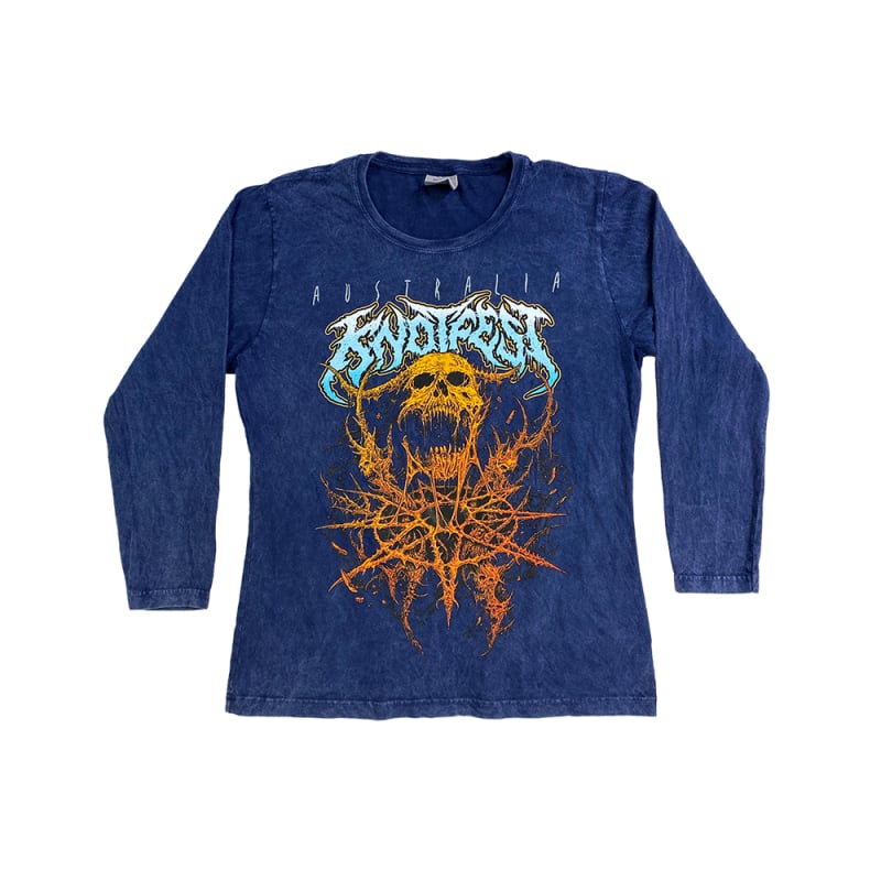 RIDDICK SKULL EVENT DESIGN IN ORANGE ON A NAVY BLUE MINERAL WASH LONGSLEEVE TSHIRT by Knotfest