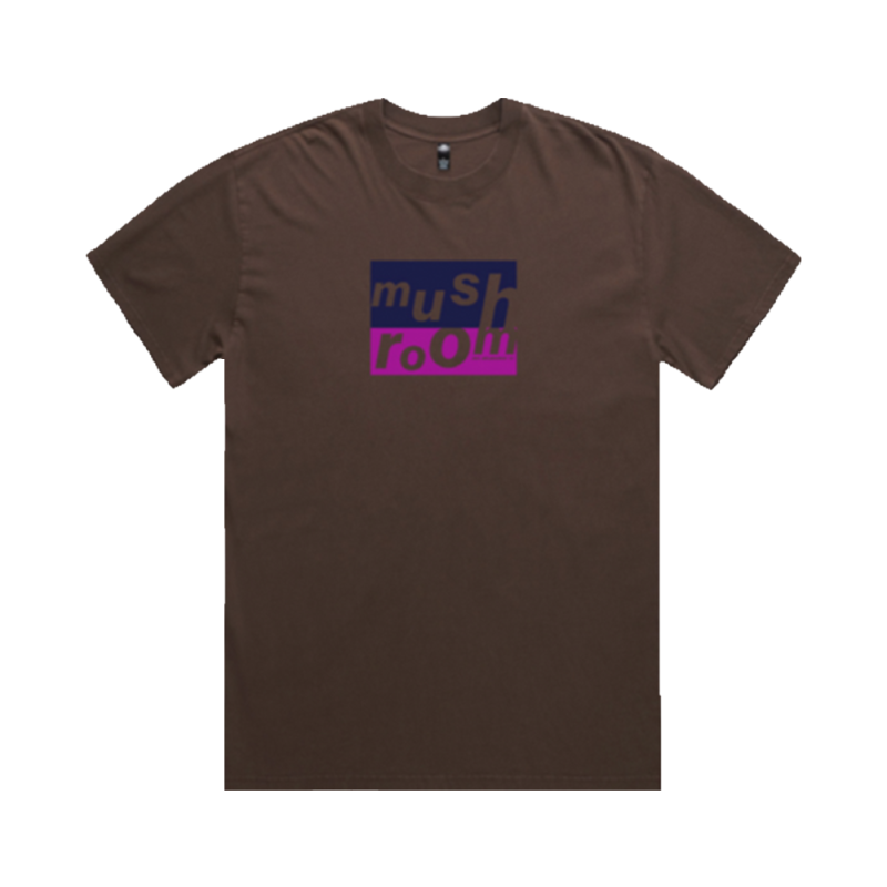 Mushroom Stacked Logo Dark Chocolate Tshirt by Mushroom