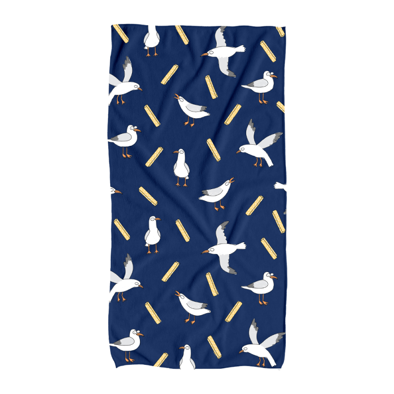 Seagulls & Chippies Navy Beach Towel by Sam Cotton