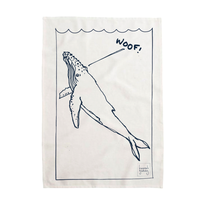 WOOF! Whale Tea Towel by Hannah Gadsby