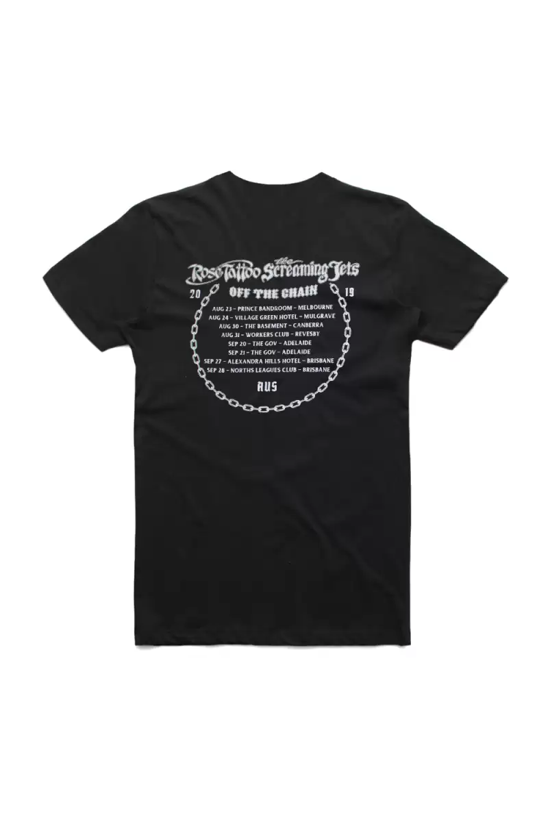 Off The Chain Event Shirt Tour 2019 Black Tshirt (Tatts/Jets) by Rose Tattoo