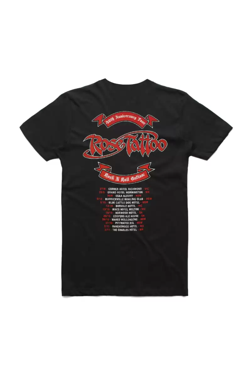 Rock N Roll Outlaw 40th Anniversary Band Photo Black Tshirt by Rose Tattoo