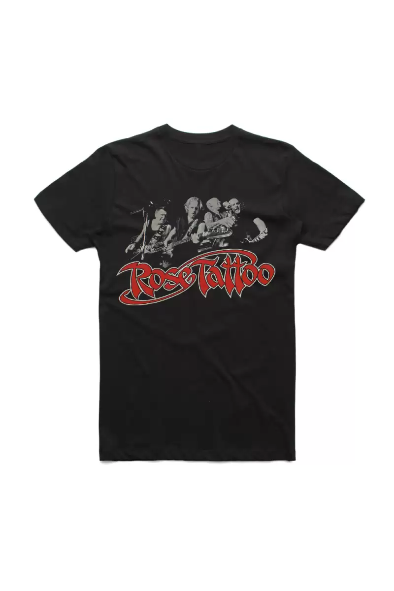 Rock N Roll Outlaw 40th Anniversary Band Photo Black Tshirt by Rose Tattoo