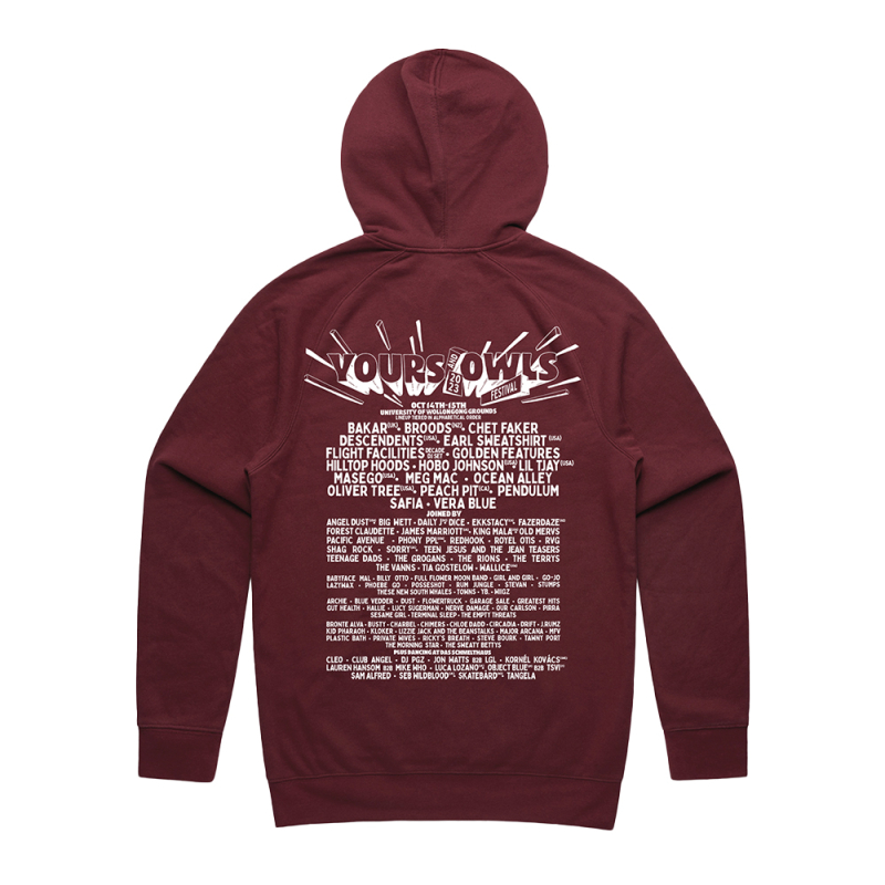 WHITE LOGO BURGUNDY HOOD by Yours And Owls Festival