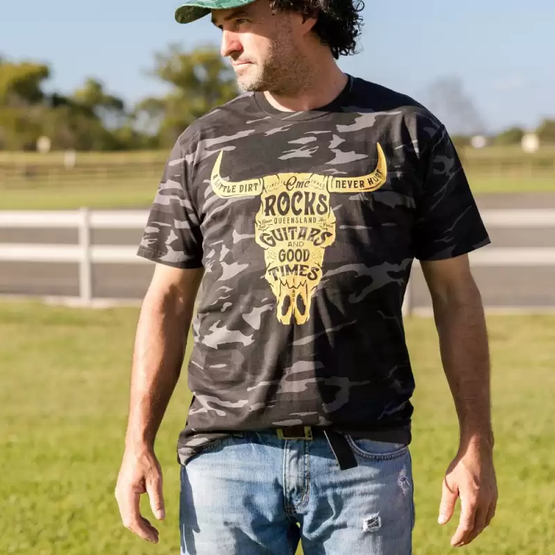 Cow Skull Unisex Black Camo Tshirt by CMC ROCKS QLD 2026