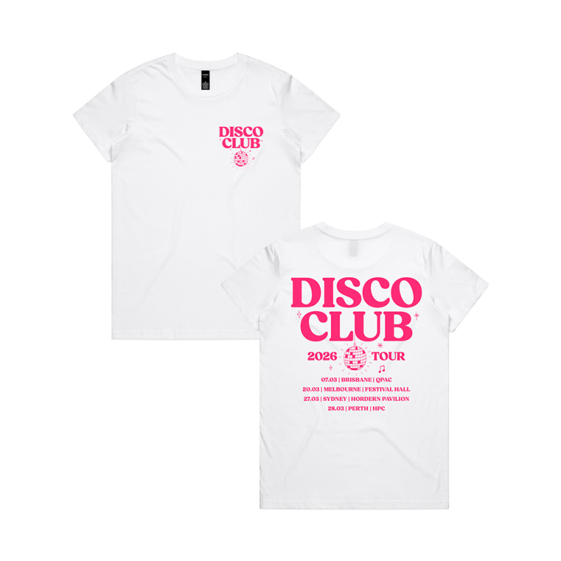 STACKED TEXT TOUR WHITE TSHIRT by Disco Club