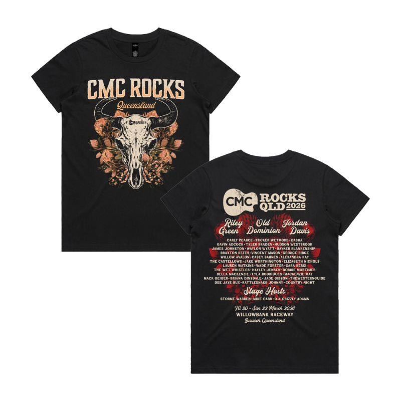 Floral Skull Ladies Black Tshirt by CMC ROCKS QLD 2026