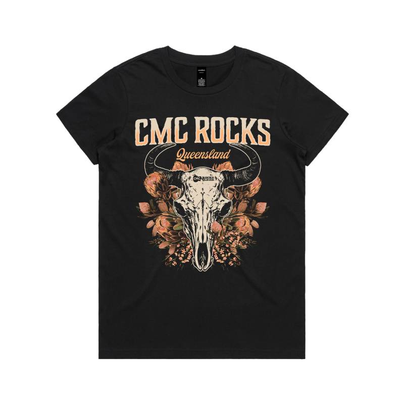 Floral Skull Ladies Black Tshirt by CMC ROCKS QLD 2026