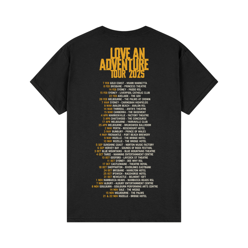 Love An Adventure Black Tour Tshirt V2 (Extended Dateback) by Pseudo Echo