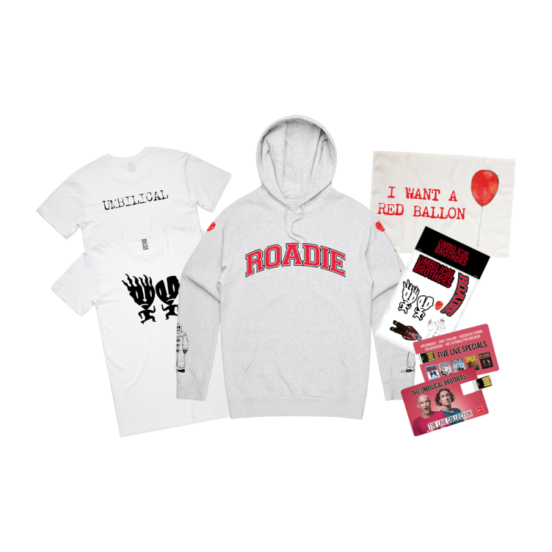 Bundle No 1 (Hoodie/ T-shirt/ Tote Bag/ Tea Towel, 1 x USB, sticker pack) by The Umbilical Brothers