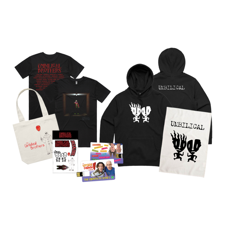 Bundle No 2 (Hoodie/ T-shirt/ Tote Bag/ Tea Towel, 1 x USB, sticker pack) by The Umbilical Brothers