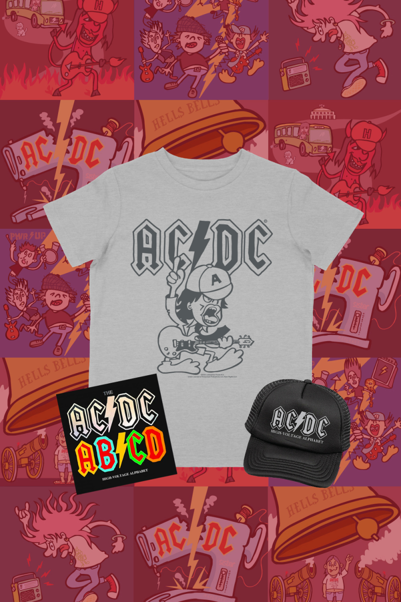 AC/DC Kids Alphabet Book + Angus The Duck Grey Tshirt + Cap by ROCKIN ALPHABETS SERIES