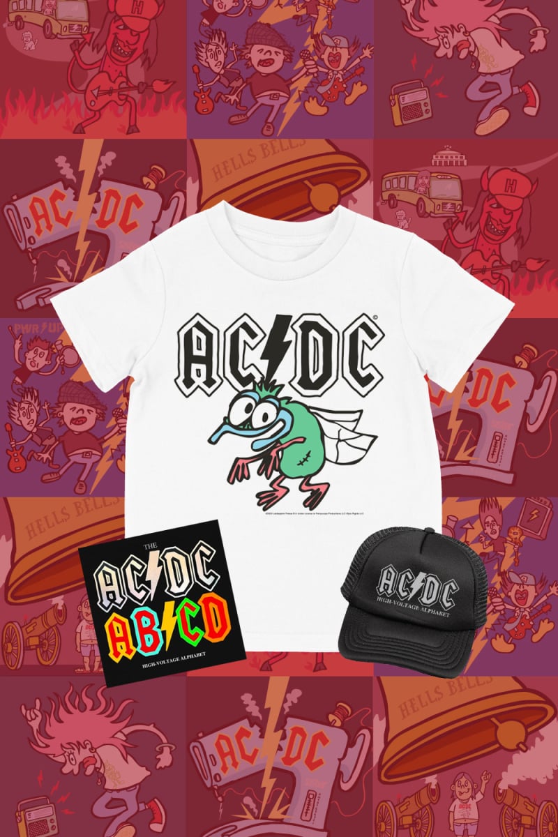 AC/DC Kids Alphabet Book + Fly On The Wall White Tshirt + Cap by ROCKIN ALPHABETS SERIES