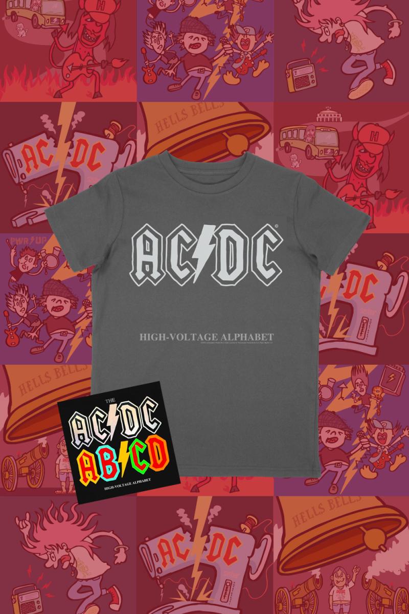 AC/DC Kids Alphabet Book + Back in ABCD Charcoal Tshirt by ROCKIN ALPHABETS SERIES