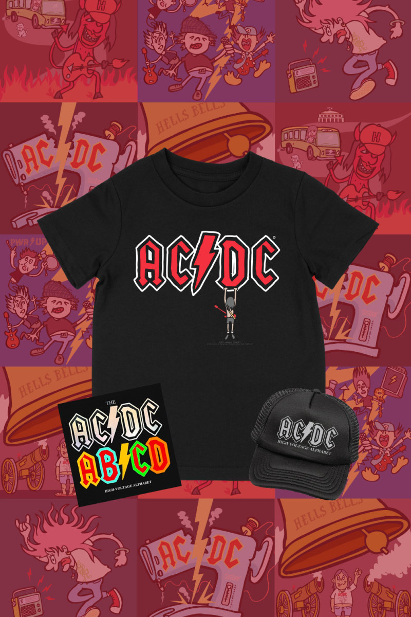 AC/DC Kids Alphabet Book + Hangin’ Out Logo Black Tshirt + Cap by ROCKIN ALPHABETS SERIES