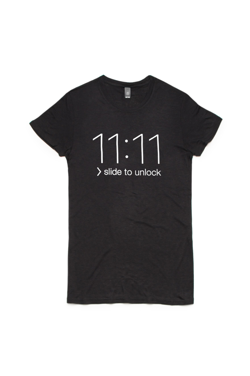 Slide To Unlock Black Ladies Tshirt by 11:11